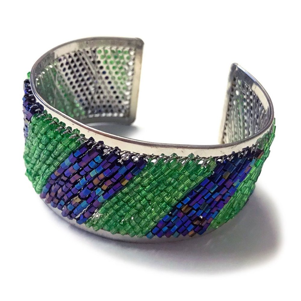 Handmade Glass Bead Cuff Bracelet Grn. Purple NWOT